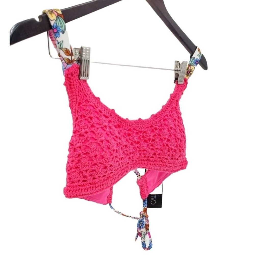 California Waves Large Bikini Top Neon Pink Retro Knit Crochet Bralette Swimwear - Picture 9 of 12